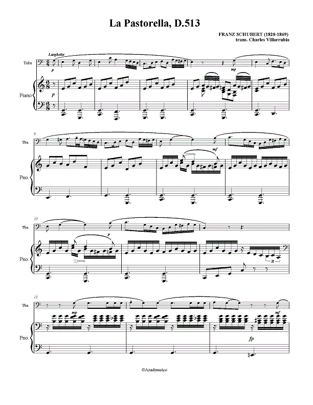 This is Page 1 of Schubert&rsquot;s &quo;La Pastorella" for tuba & piano.