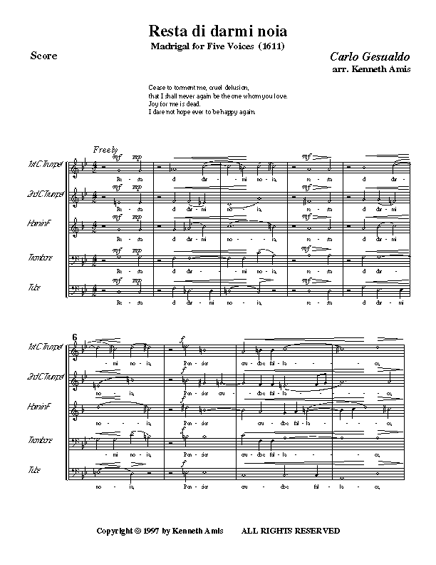 This is page 1 of Gesualdo’s "Resta di darmi noia" for brass quintet.