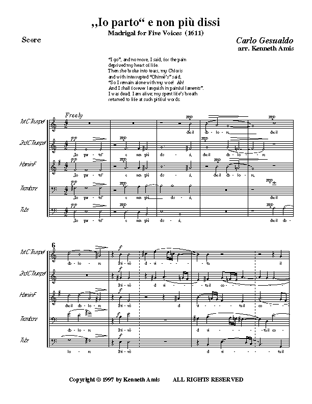 This is page 1 of Gesualdo’s "Io parto e non più dissi" for brass quintet.