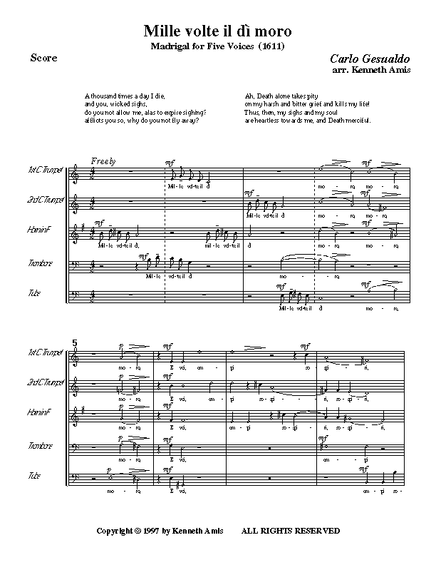 This is page 1 of Gesualdo’s "Mille volte il di moro" for brass quintet.