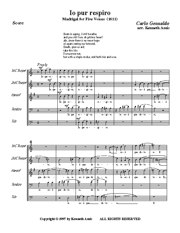 This is page 1 of Gesualdo’s "Io pur respiro" for brass quintet.
