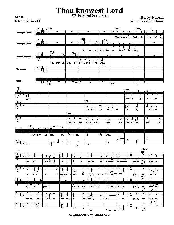 This is page 1 of Purcell’s "Thou knowest Lord" for brass quintet.