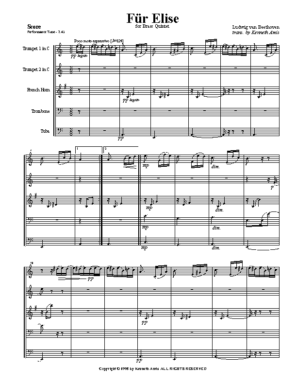 This is page 1 of Beethoven’s "Fur Elise" for brass quintet.