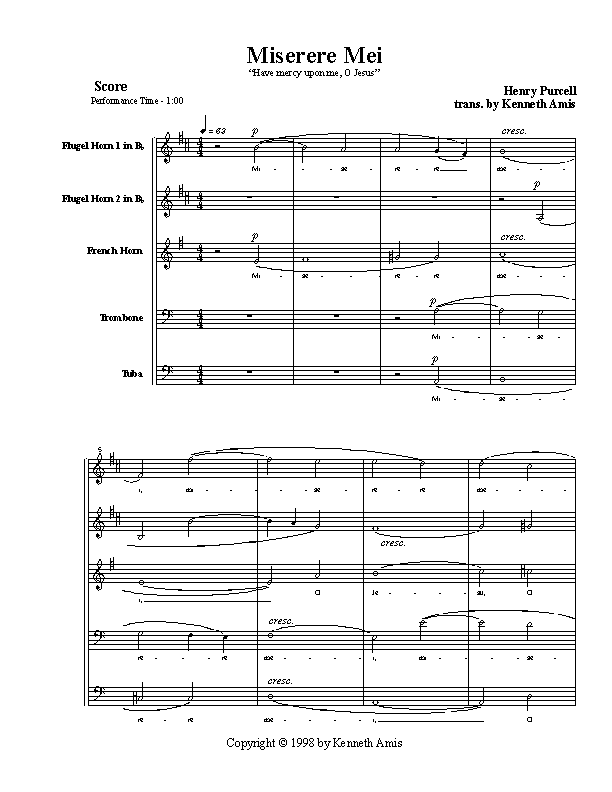 This is page 1 of Purcell’s "Miserere Mei" for brass quintet.