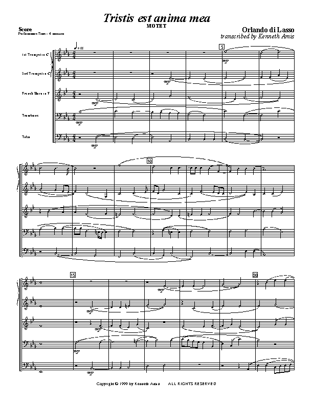 This is page 1 of Lasso’s "Tristis est anima mea" for brass quintet.