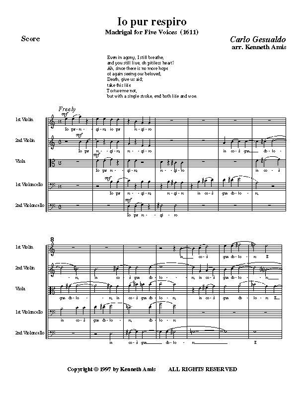 This is page 1 of Gesualdo’s "Io pur respiro" for string quintet.