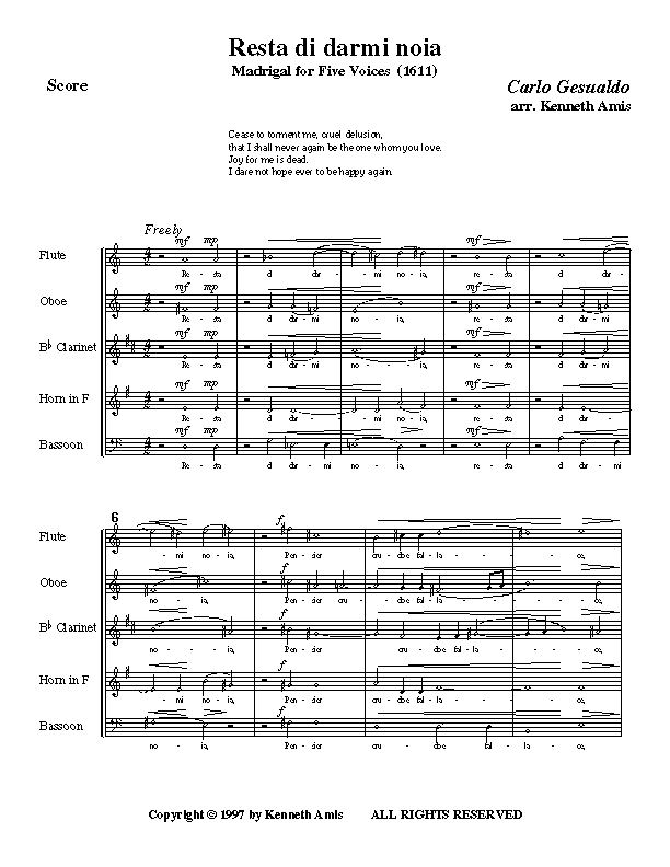 This is page 1 of Gesualdo’s "Resta di darmi noia" for woodwind quintet.