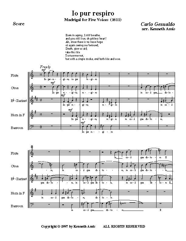 This is page 1 of Gesualdo’s "Io pur respiro" for woodwind quintet.